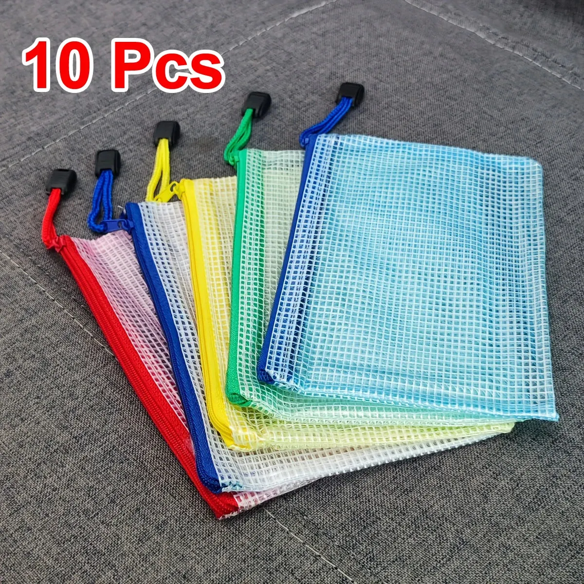 10 Pcs A6 Mesh Zipper Pouches (6.85x4.56) - Assorted Colors, Waterproof Document & Stationery Bags