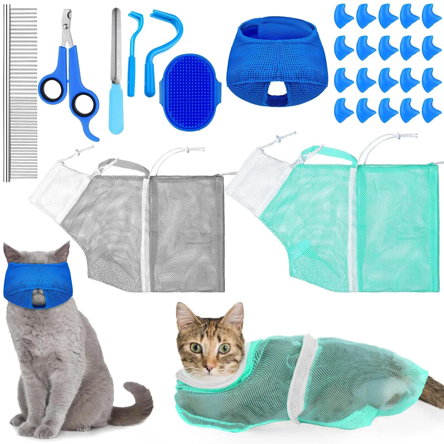 10 Pcs Cat Bathing Bag Set Pet Mesh Shower Bag Anti Bite and Scratch Cat Grooming Bag for Pet Washing Brush, Cat Muzzle, Nail Clipper, Nail File, Tick Tool