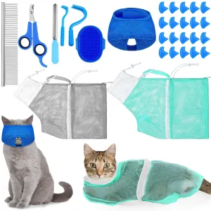 10 Pcs Cat Bathing Bag Set Pet Mesh Shower Bag Anti Bite and Scratch Cat Grooming Bag for Pet Washing Brush, Cat Muzzle, Nail Clipper, Nail File, Tick Tool
