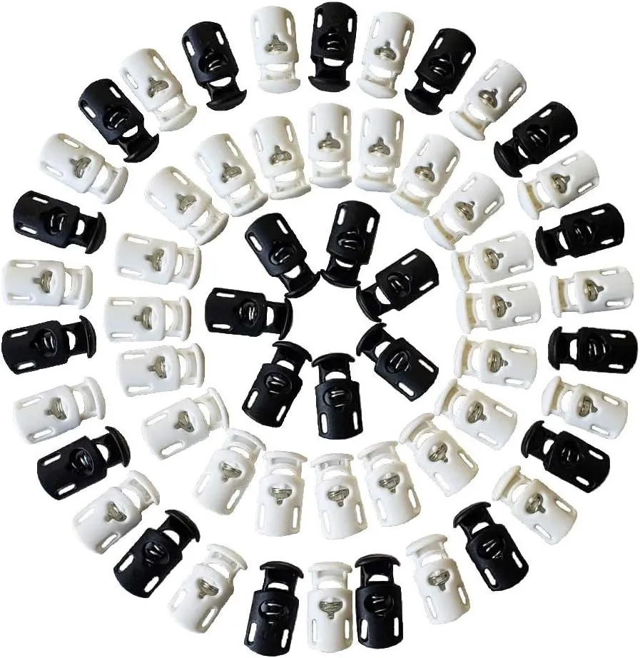 100 Pack Cord Locks - Spring Toggle Stopper - Bulk Plastic Cord Locks - Use for Drawstring, Shoelaces, Backpack, Clothing, Bags and More - 50 Pieces Black and 50 Pieces White