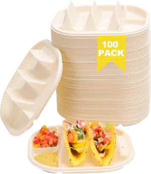 100 Pack Disposable Taco Holder With Dipping Sides, Biodegradable Cornstarch Taco Plates for Party, Standard Size Fit for 5-6 Inch Normal Tortilla, Microwave Safe
