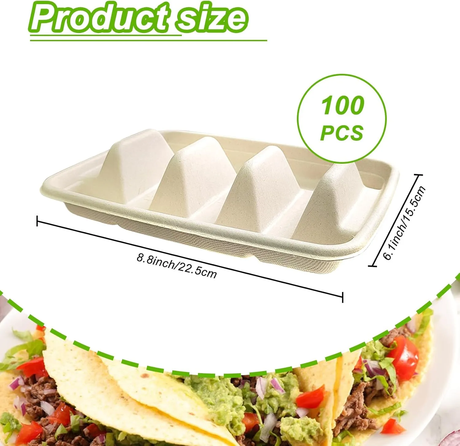 100PCS Disposable Taco Holders for Party, Pulp Fiber Plates with 3 Dividers, Lazy Susan Taco Bar
