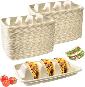 100PCS Disposable Taco Holders for Party, Pulp Fiber Plates with 3 Dividers, Lazy Susan Taco Bar