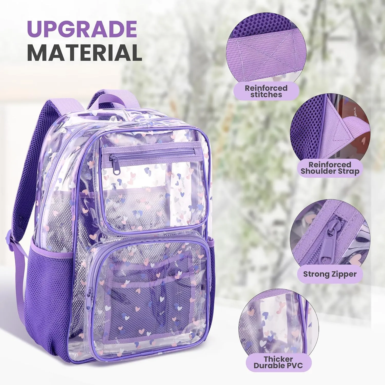 10packs Light Purple clear backpack bookbag for school high medium see through transparent plastic teen otddler girls bulk