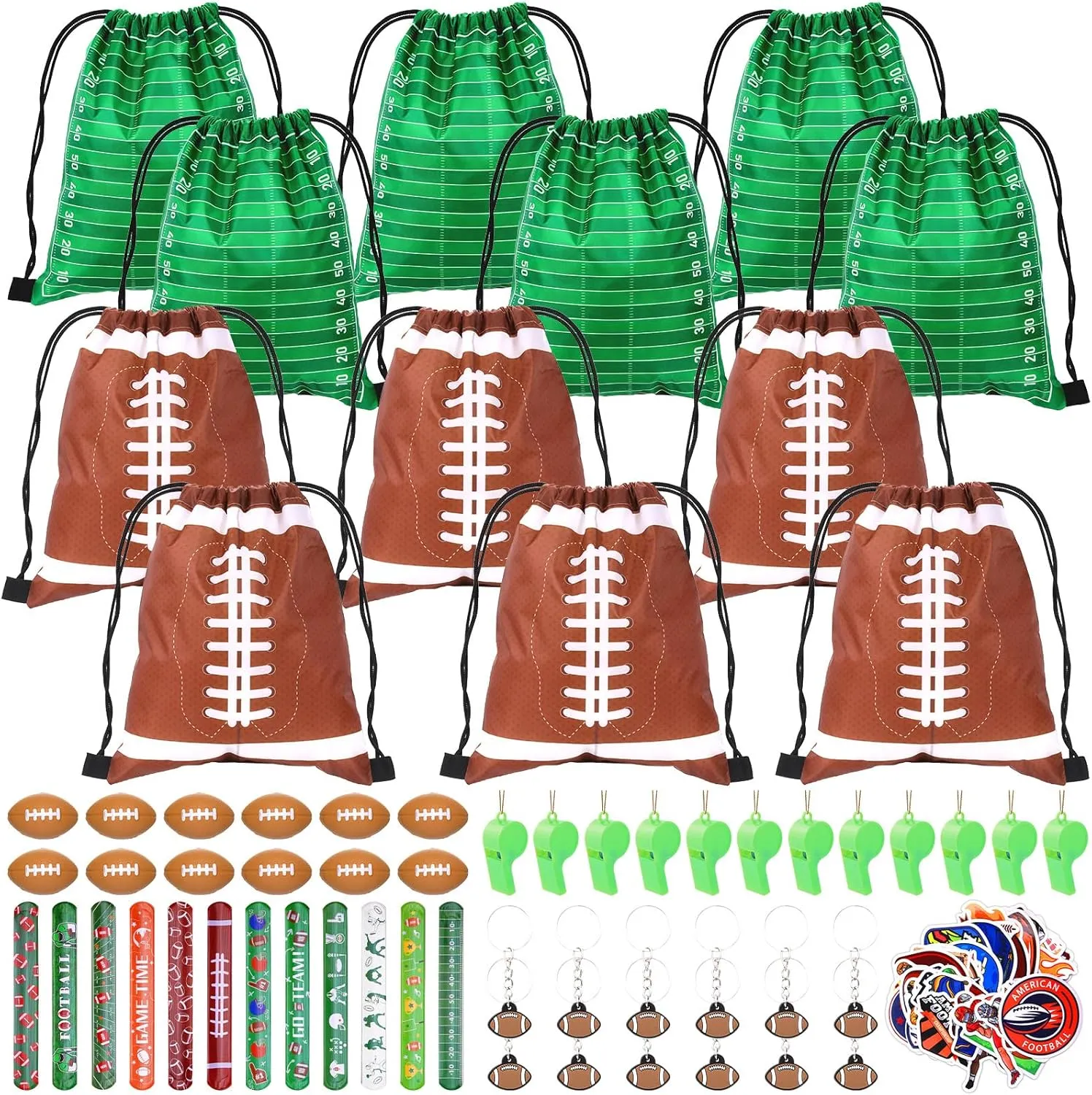 110 Pcs Football Party Favors for Kids 12 Sets Football Party Supplies Drawstring Bag Backpack with Keychains Mini Football Stress Balls Slaps Bracelets Goodie Bag Stickers Toy Presents Gift Set