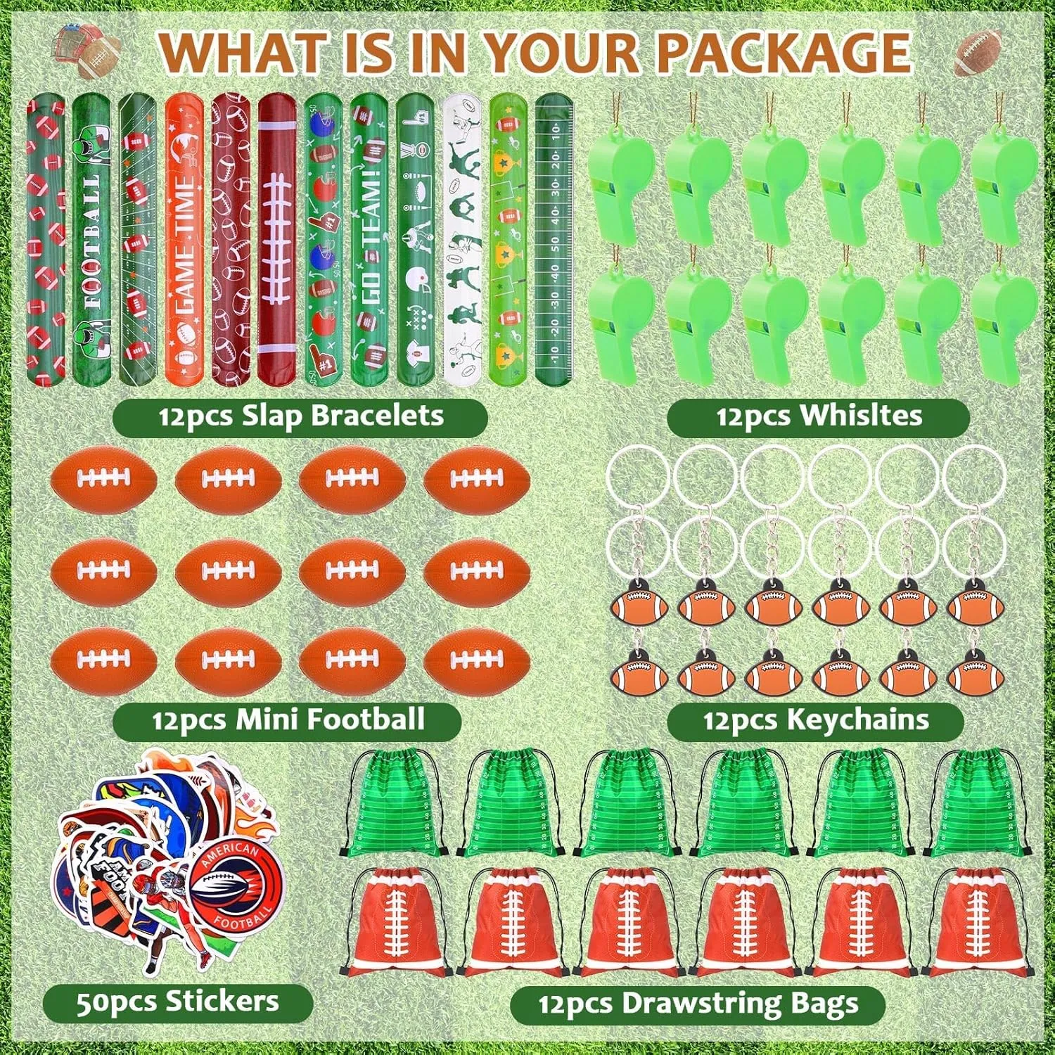 110 Pcs Football Party Favors for Kids 12 Sets Football Party Supplies Drawstring Bag Backpack with Keychains Mini Football Stress Balls Slaps Bracelets Goodie Bag Stickers Toy Presents Gift Set