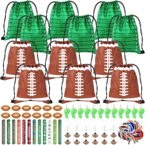 110 Pcs Football Party Favors for Kids 12 Sets Football Party Supplies Drawstring Bag Backpack with Keychains Mini Football Stress Balls Slaps Bracelets Goodie Bag Stickers Toy Presents Gift Set