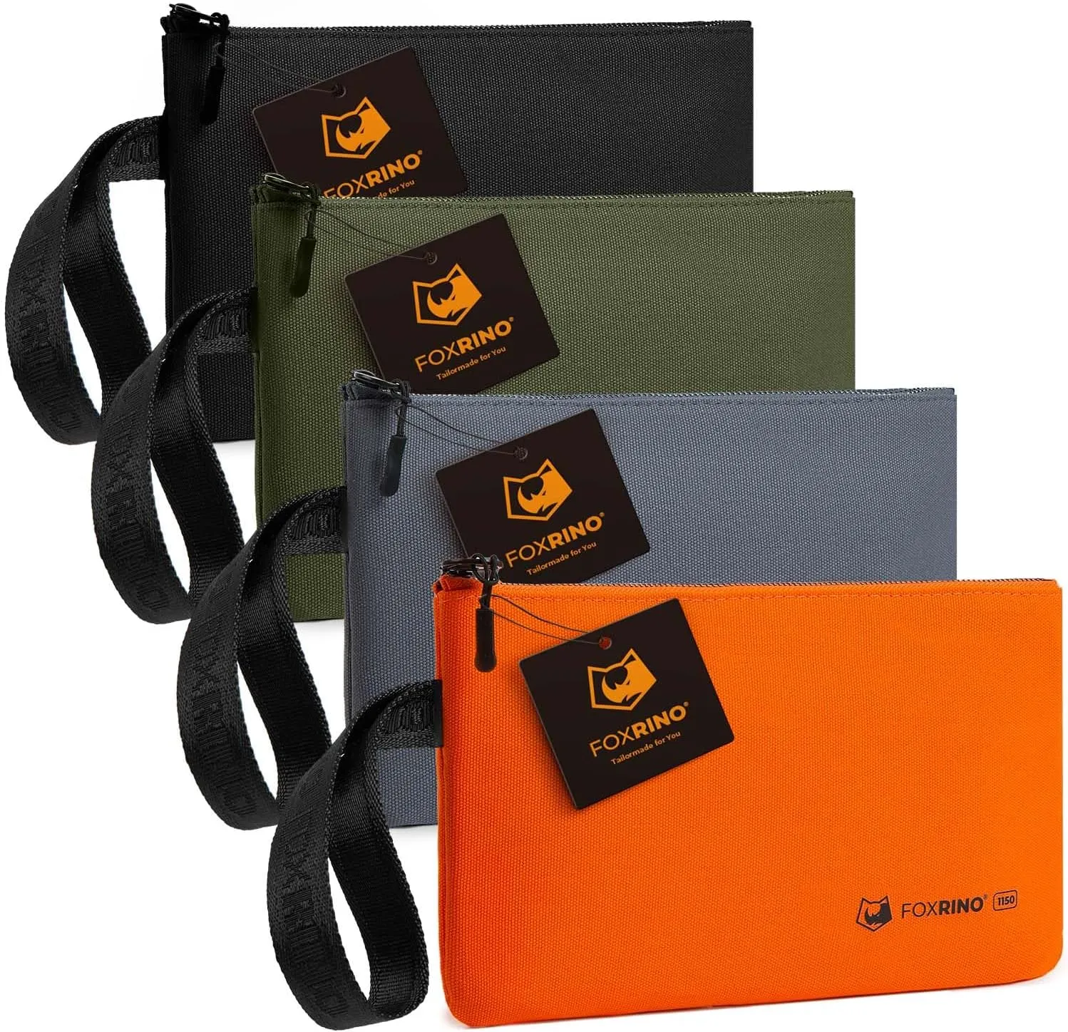 1150 Small Tool Bag, Heavy Duty Canvas Tool Pouch with Metal Zipper, 12 x 7-Inch, Black/Orange/Grey/Olive 4-Pack