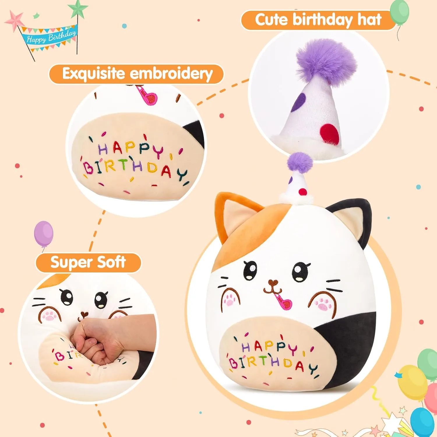 12” Birthday Cat Plush Pillow, Cat Stuffed Animal, Kawaii Plushie Soft Plush Toy Birthday Decor Gift for Kids Toddlers Girls Boys