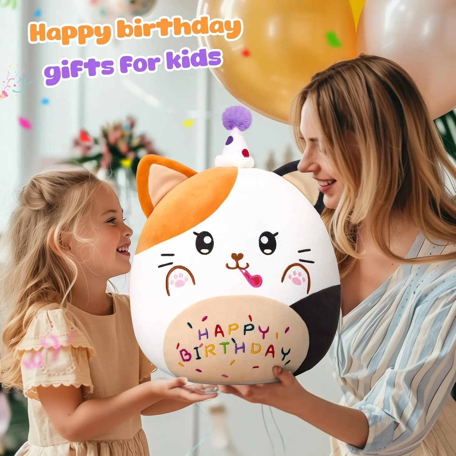 12” Birthday Cat Plush Pillow, Cat Stuffed Animal, Kawaii Plushie Soft Plush Toy Birthday Decor Gift for Kids Toddlers Girls Boys