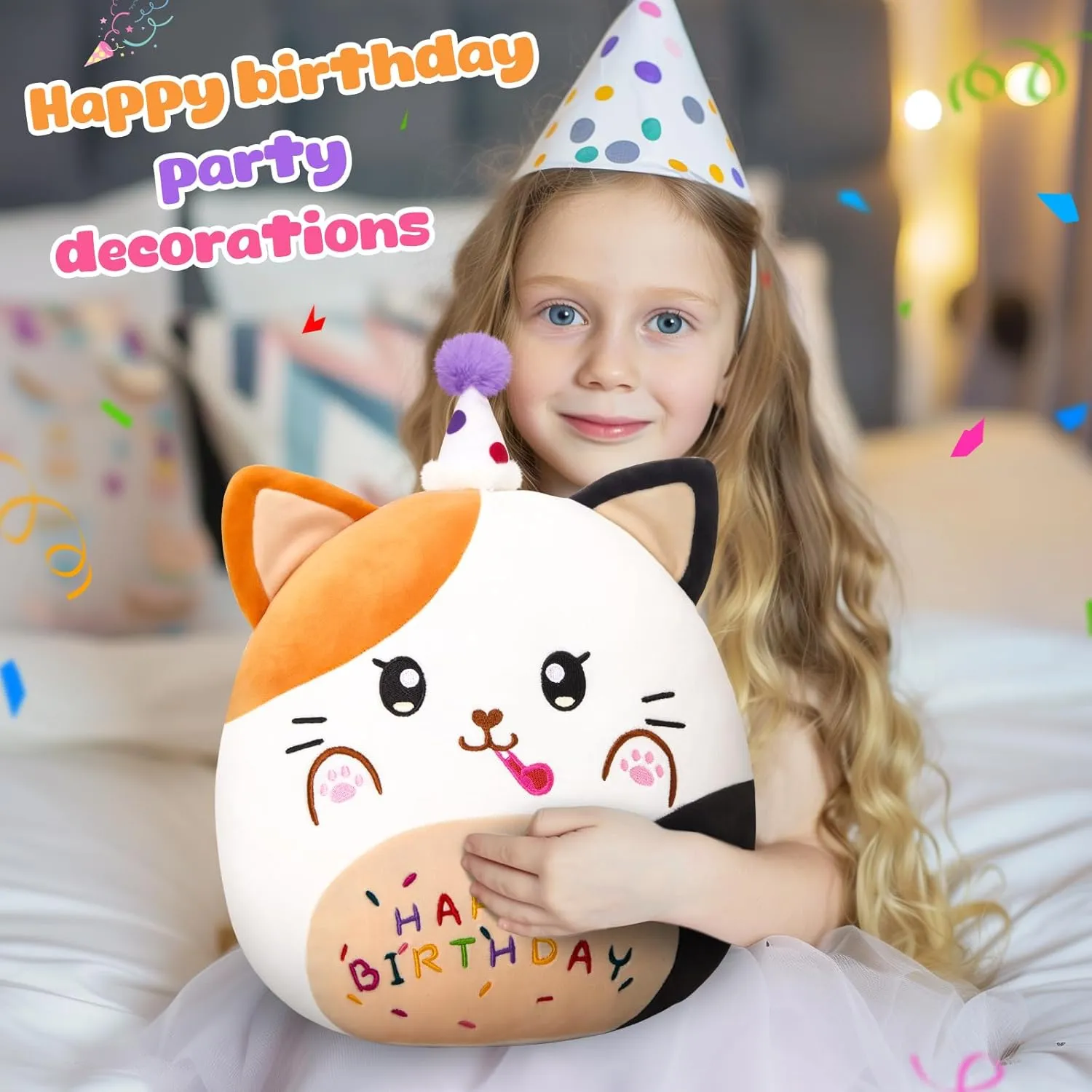 12” Birthday Cat Plush Pillow, Cat Stuffed Animal, Kawaii Plushie Soft Plush Toy Birthday Decor Gift for Kids Toddlers Girls Boys