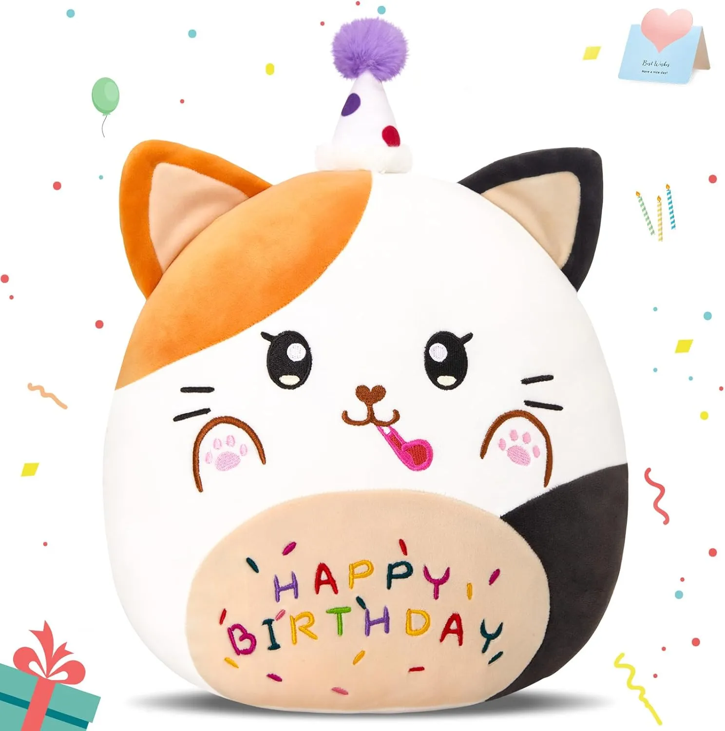 12” Birthday Cat Plush Pillow, Cat Stuffed Animal, Kawaii Plushie Soft Plush Toy Birthday Decor Gift for Kids Toddlers Girls Boys