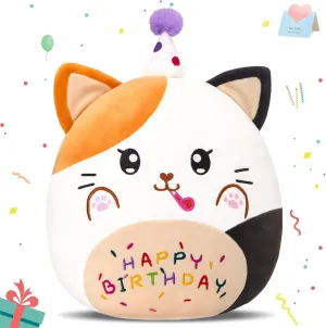 12” Birthday Cat Plush Pillow, Cat Stuffed Animal, Kawaii Plushie Soft Plush Toy Birthday Decor Gift for Kids Toddlers Girls Boys
