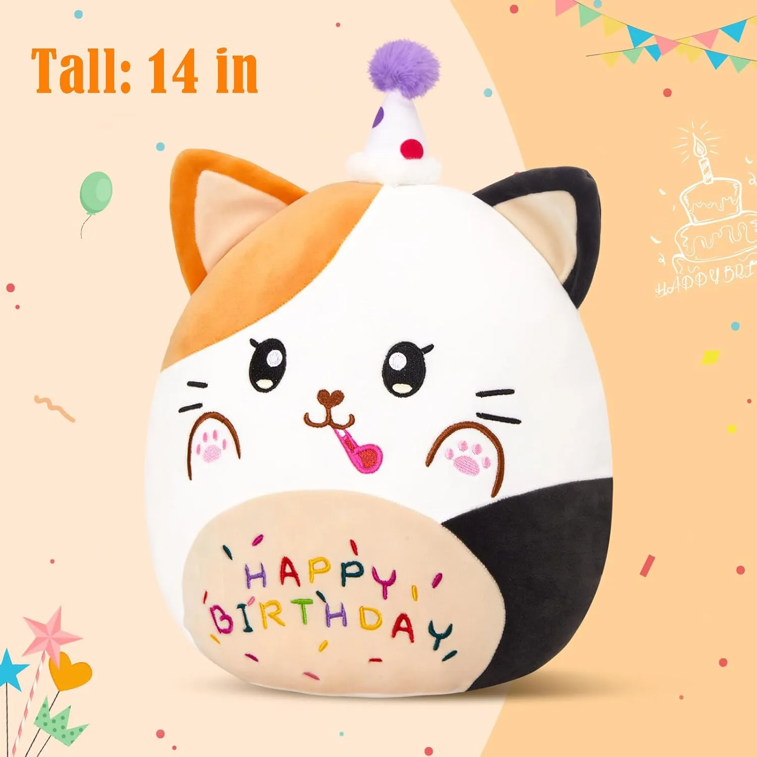 12” Birthday Cat Plush Pillow, Cat Stuffed Animal, Kawaii Plushie Soft Plush Toy Birthday Decor Gift for Kids Toddlers Girls Boys
