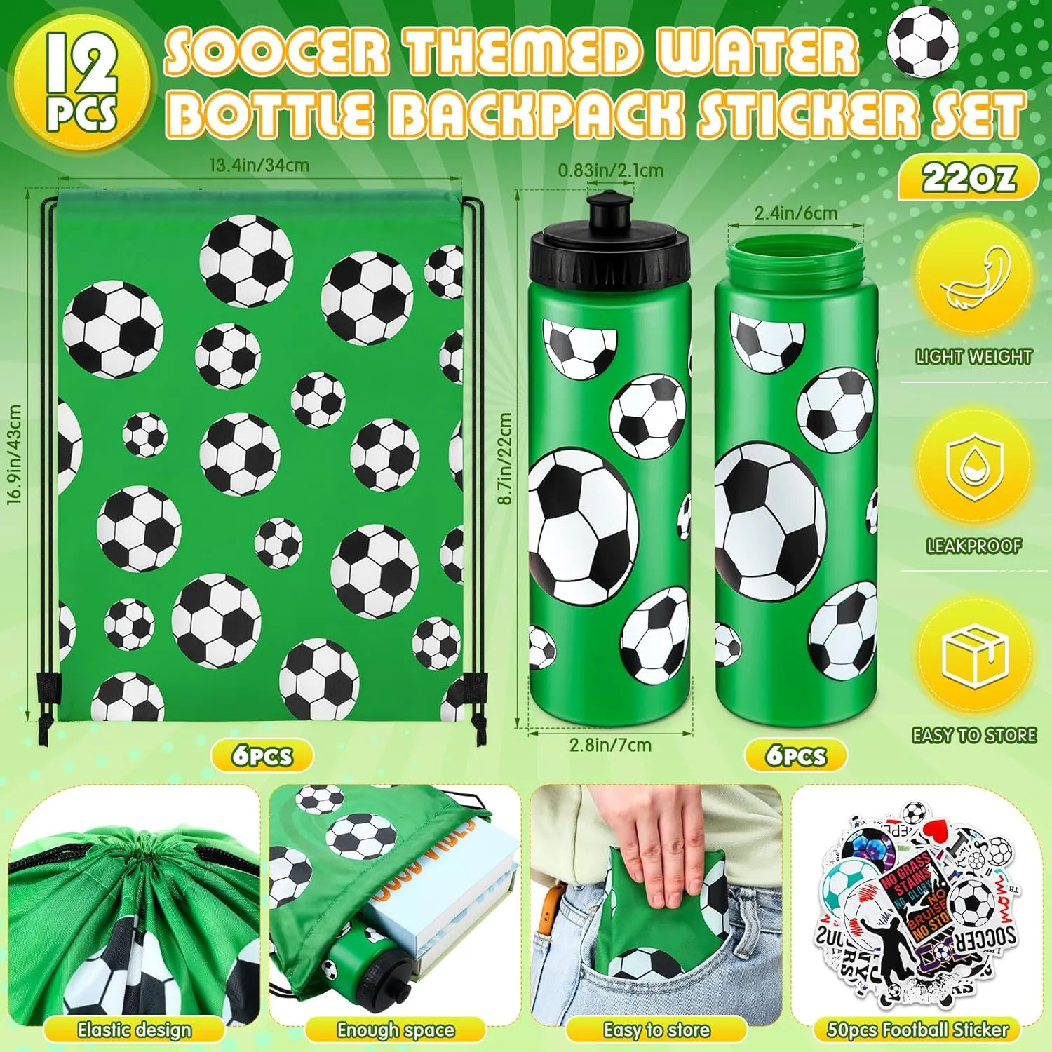 12 Pcs Soccer Water Bottles Soccer Drawstring Bag Set with 50 Sticker Soccer Party Favors 6 Reusable Sports Squeeze Water Bottles 20oz 6 Soccer Goodie Gift Bag for Soccer Team Gifts Players Lovers Gym