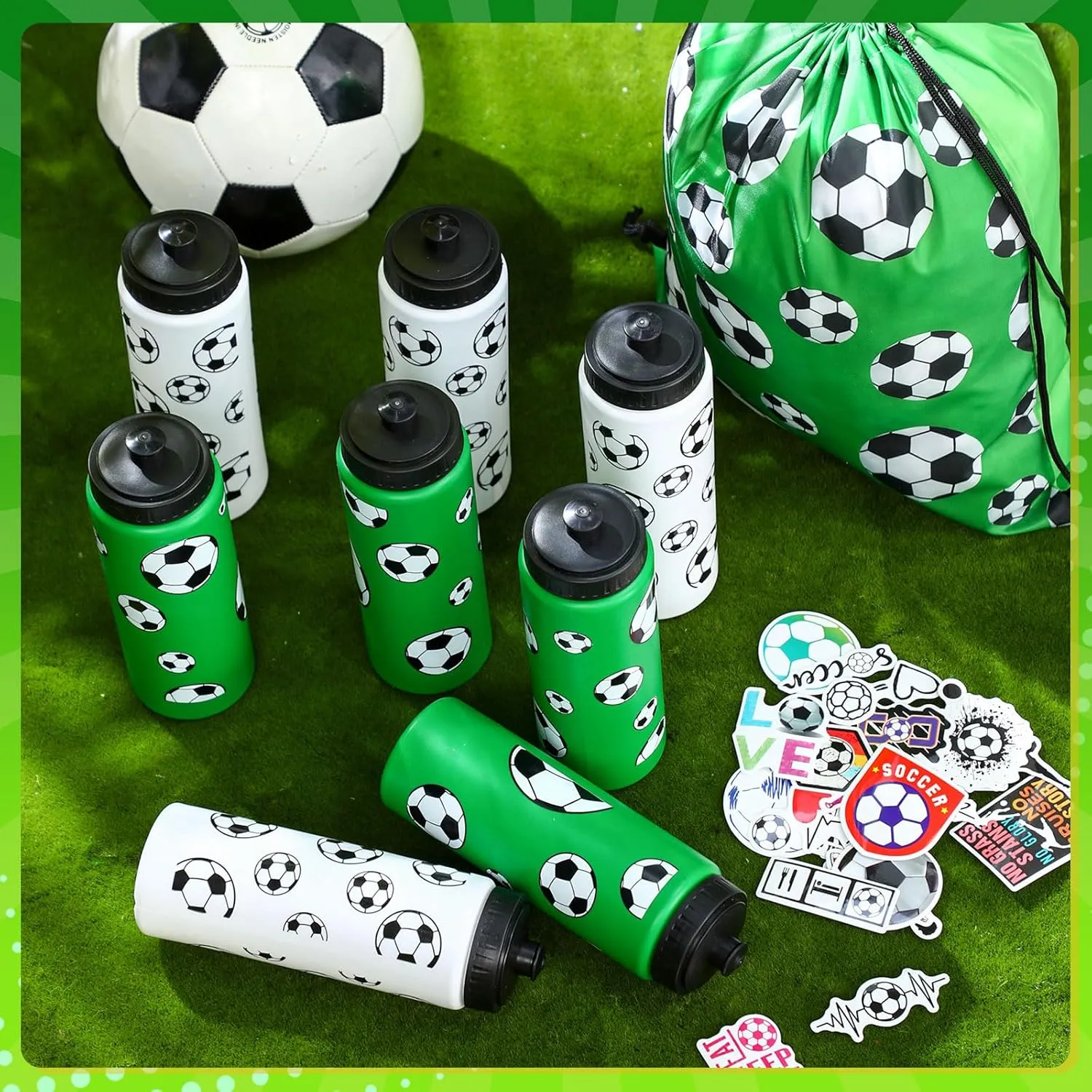 12 Pcs Soccer Water Bottles Soccer Drawstring Bag Set with 50 Sticker Soccer Party Favors 6 Reusable Sports Squeeze Water Bottles 20oz 6 Soccer Goodie Gift Bag for Soccer Team Gifts Players Lovers Gym