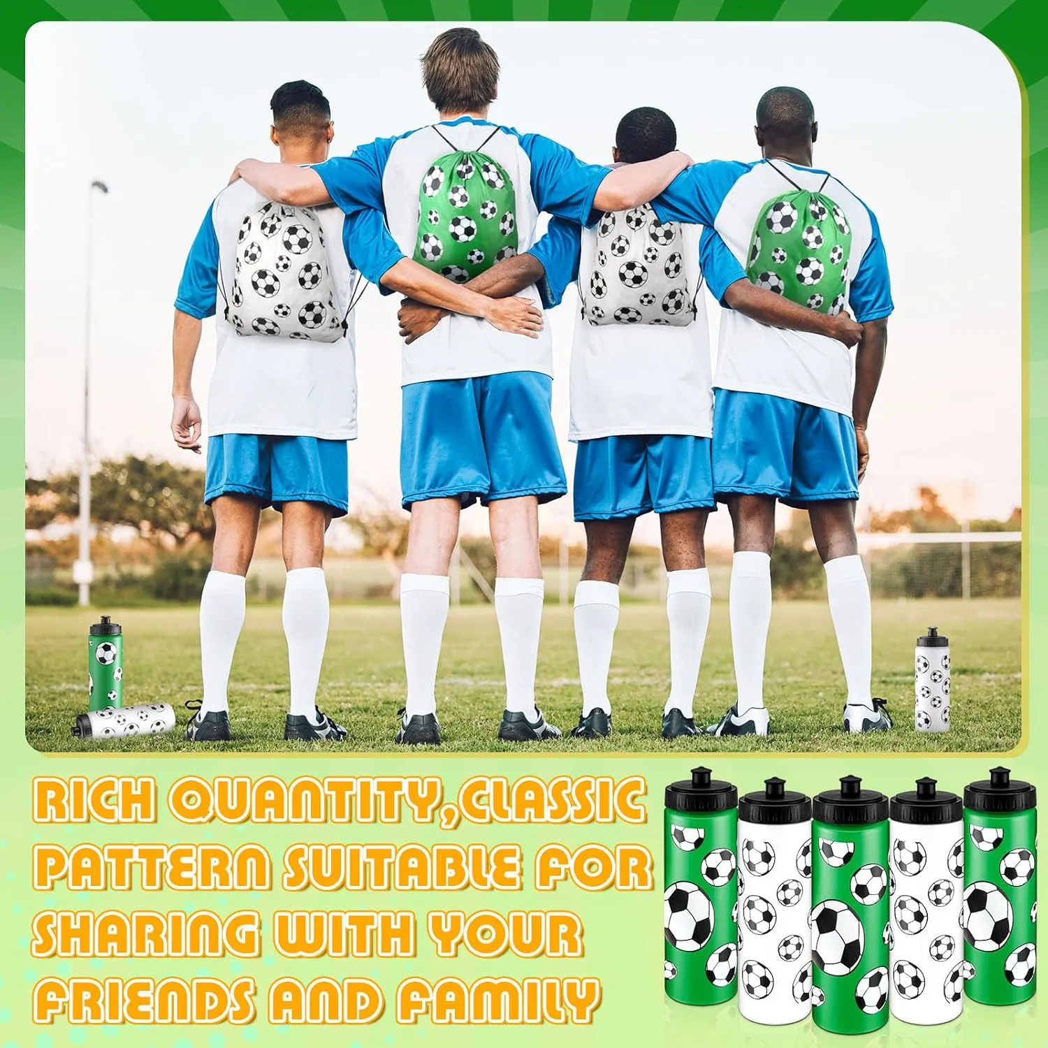 12 Pcs Soccer Water Bottles Soccer Drawstring Bag Set with 50 Sticker Soccer Party Favors 6 Reusable Sports Squeeze Water Bottles 20oz 6 Soccer Goodie Gift Bag for Soccer Team Gifts Players Lovers Gym