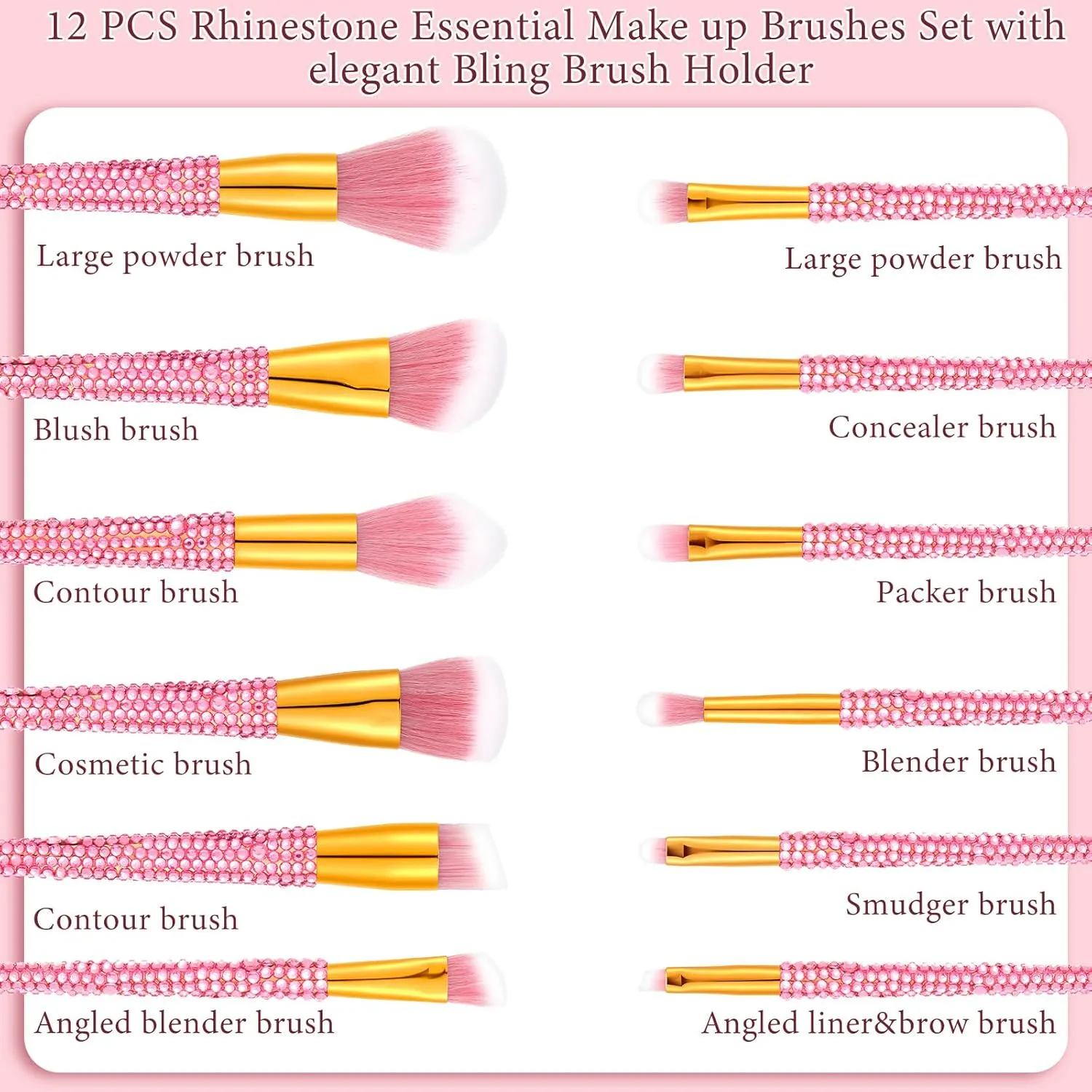 13 Pieces Rhinestone Makeup Brushes Set Bling Crystal Professional Face Cosmetics Blending Liquid Foundation Powder Concealer Eye Shadows Make up Beauty Tool Glitter with Holder (Pink)