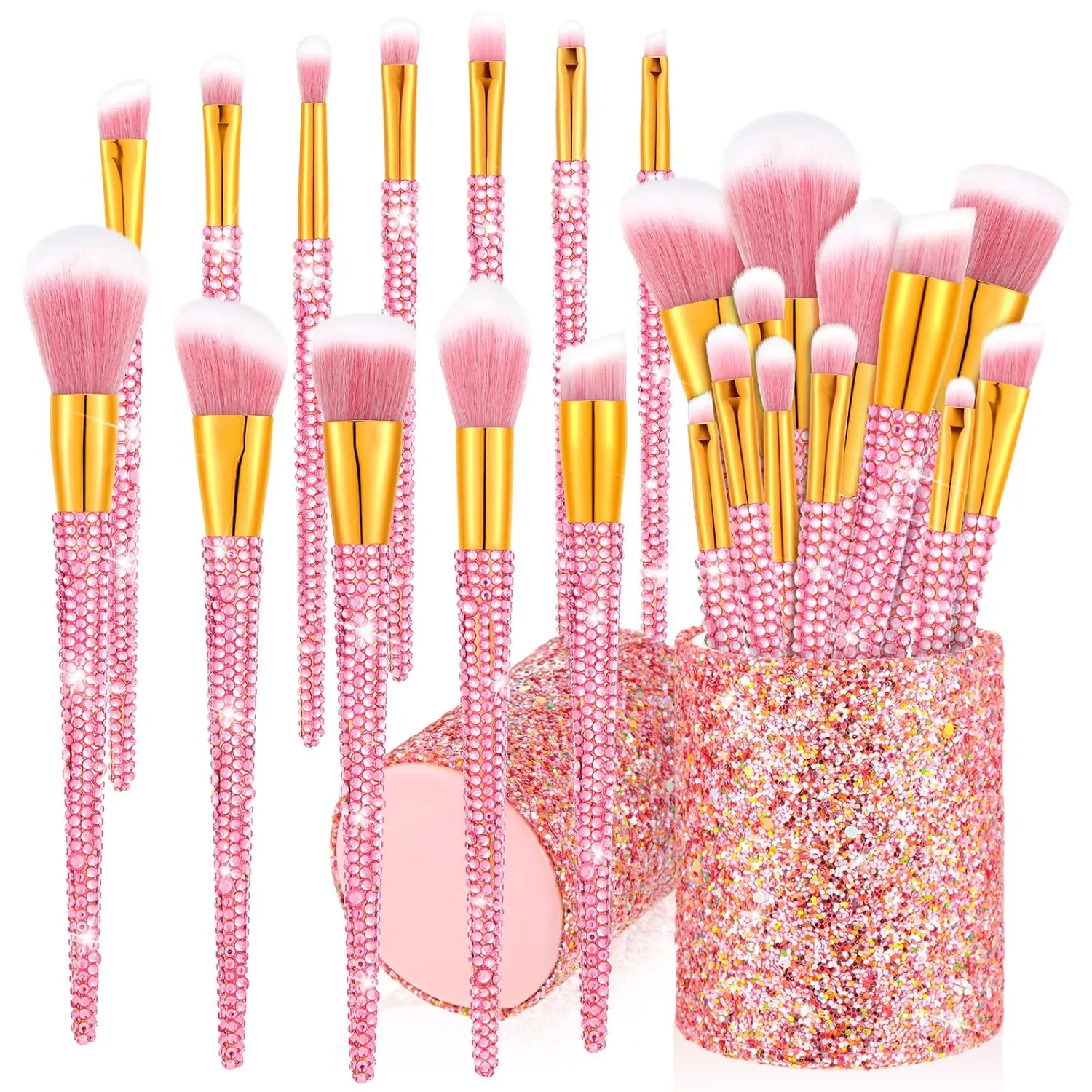 13 Pieces Rhinestone Makeup Brushes Set Bling Crystal Professional Face Cosmetics Blending Liquid Foundation Powder Concealer Eye Shadows Make up Beauty Tool Glitter with Holder (Pink)