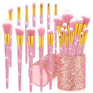 13 Pieces Rhinestone Makeup Brushes Set Bling Crystal Professional Face Cosmetics Blending Liquid Foundation Powder Concealer Eye Shadows Make up Beauty Tool Glitter with Holder (Pink)