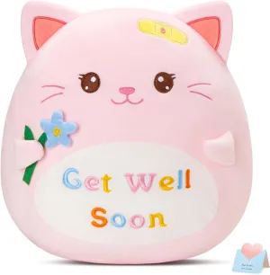 13" Get Well Soon Cat Plush Stuffed Animals Plushie Original Flowers Kitty Squishy Pink Pillow Feel Better Gifts for Recovering Patient Encourage