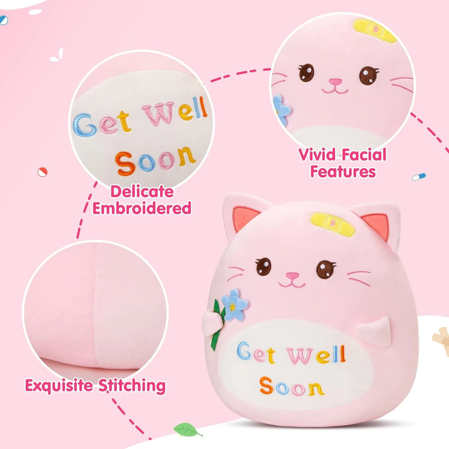13" Get Well Soon Cat Plush Stuffed Animals Plushie Original Flowers Kitty Squishy Pink Pillow Feel Better Gifts for Recovering Patient Encourage