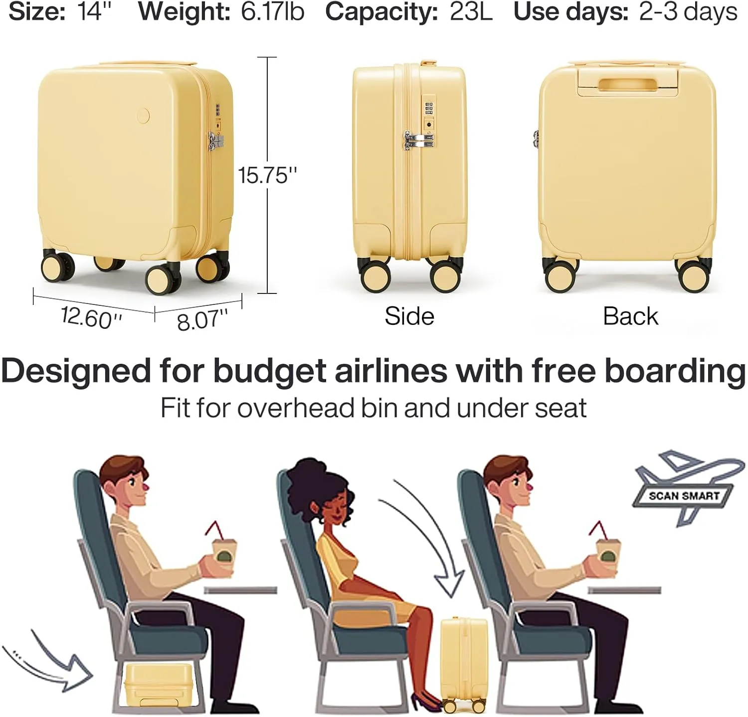 14 Inch Underseat Luggage Personal Item Carry on Suitcase, Mixi Spinner Wheels Hardshell Lightweight Rolling Suitcases Yellow PC with Cover & TSA Lock for Short Travel