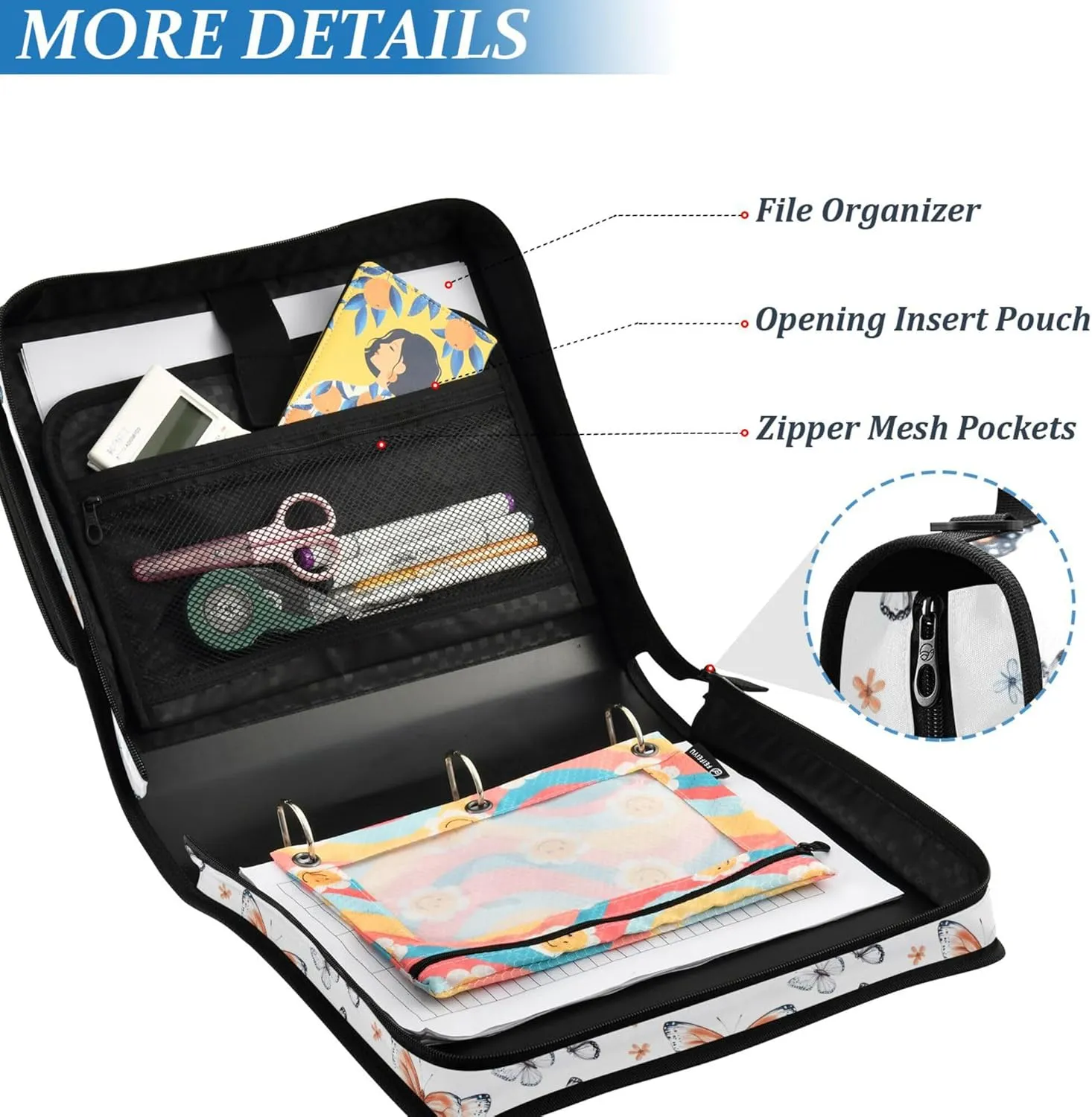 1.5-Inch 3-Rings Zipper Binder Organizer with Shoulder Strap & Handle Waterproof Document Organizer for Middle School Cartoon Funny Butterfly White