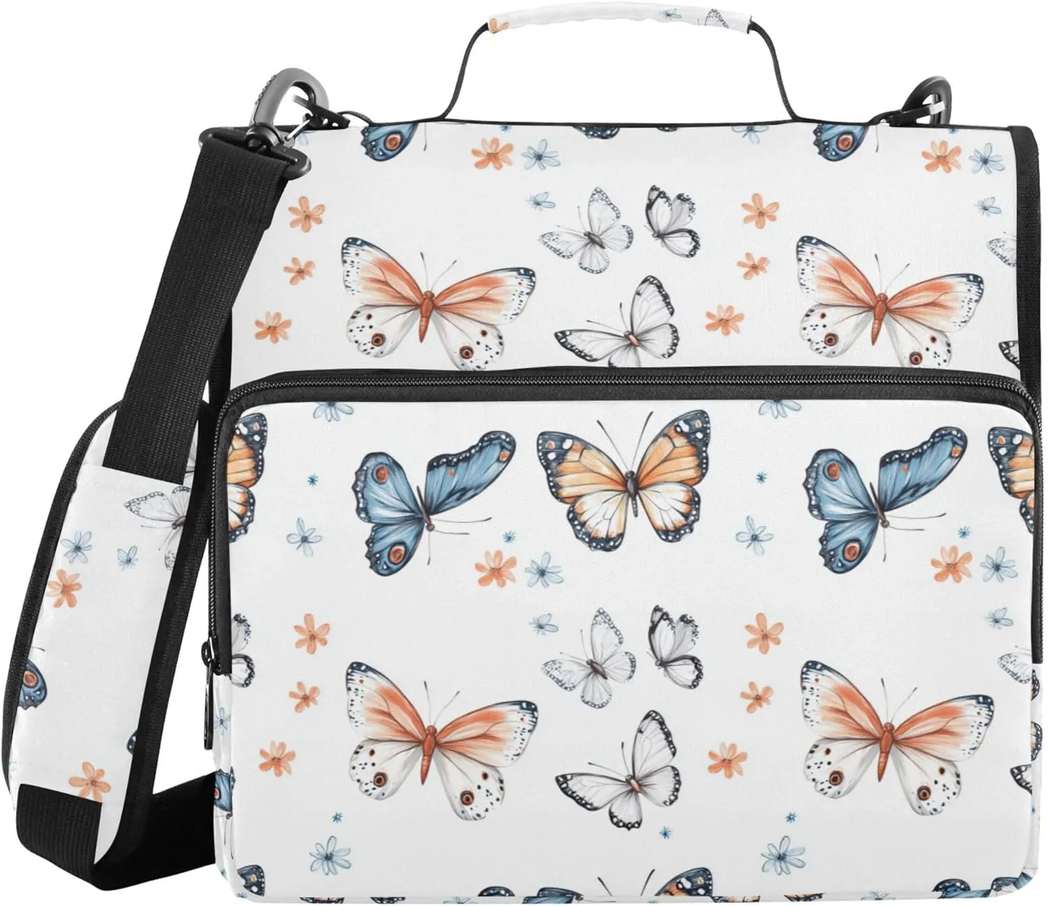 1.5-Inch 3-Rings Zipper Binder Organizer with Shoulder Strap & Handle Waterproof Document Organizer for Middle School Cartoon Funny Butterfly White
