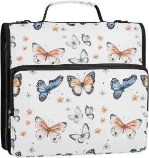 1.5-Inch 3-Rings Zipper Binder Organizer with Shoulder Strap & Handle Waterproof Document Organizer for Middle School Cartoon Funny Butterfly White