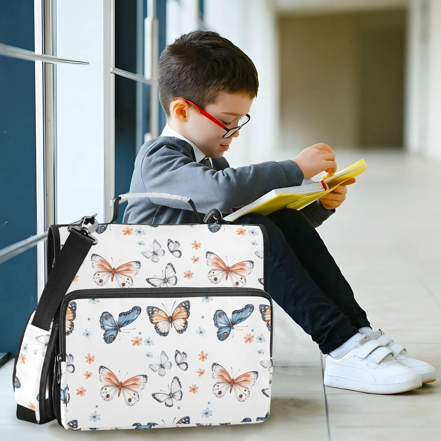 1.5-Inch 3-Rings Zipper Binder Organizer with Shoulder Strap & Handle Waterproof Document Organizer for Middle School Cartoon Funny Butterfly White