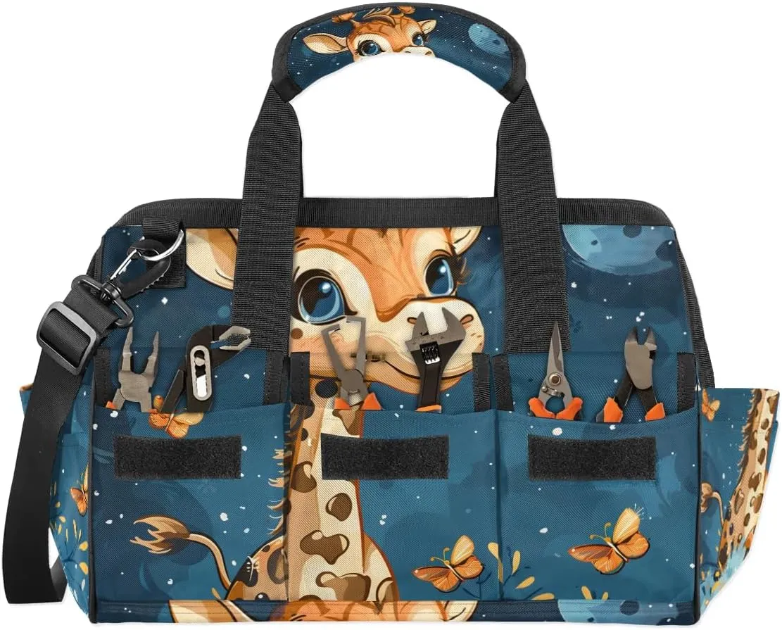 15 Inch Tool Bag 14-Pockets Tool Box Organizer for Men Giraffe Butterfly Tool Tote Bag Waterproof Toolbox with Shoulder Strap Heavy Duty Garden Tool Organizer for Mechanic