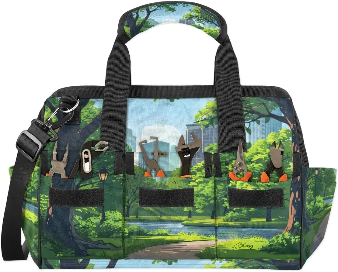 15 Inch Tool Bag 14-Pockets Tool Box Organizer for Men Green Highway Tool Tote Bag Waterproof Toolbox with Shoulder Strap Heavy Duty Garden Tool Organizer for Mechanic