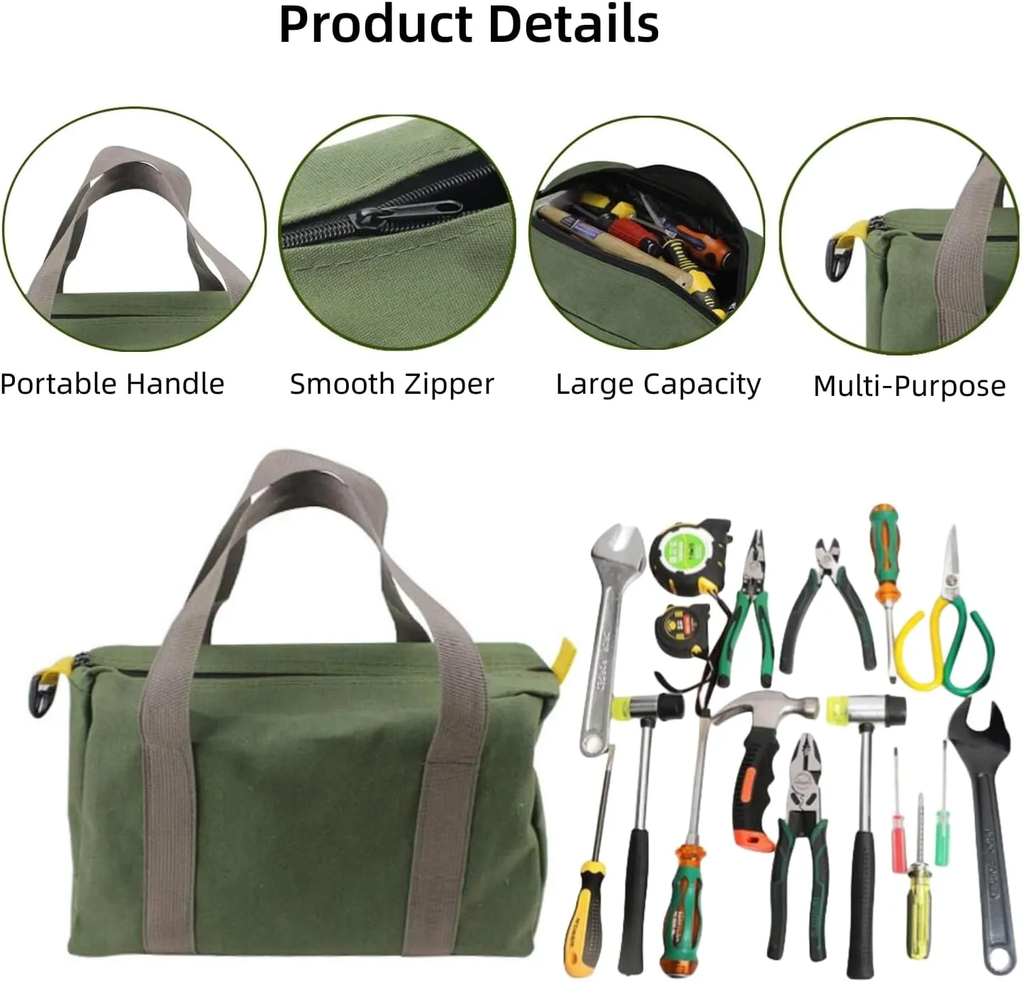 16 Inch Canvas Wide Mouth Tool Bag, Large Capacity Tool Storage Bags for Men, Small Tool Pouch, Tool Organizer Tote Bag for Storage Wrenches Pliers Tools (Green - 16 inch)