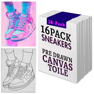 16 Pack 8x10 Sneakers Canvas Coloring | Perfect for Paint & Sip Parties | Fun Party Activity & Favor | Pre-Drawn, Ready-to-Paint Stretched Cotton Canvas Toile