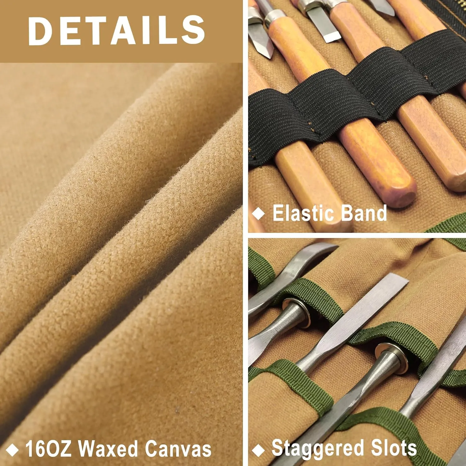 16OZ Waxed Canvas Tool Roll Bag, Heavy Duty Tool Storage Roll Bag with 7 Tool Slots & 1 Detachable Pouch, Khaki Tool Organizer for Wrenches and Tools (23.5"L x 9.5"W)