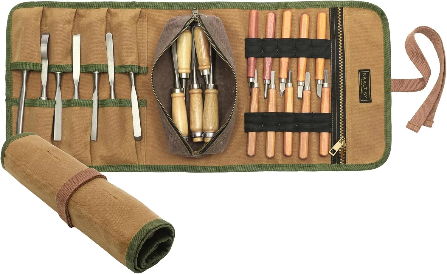 16OZ Waxed Canvas Tool Roll Bag, Heavy Duty Tool Storage Roll Bag with 7 Tool Slots & 1 Detachable Pouch, Khaki Tool Organizer for Wrenches and Tools (23.5"L x 9.5"W)