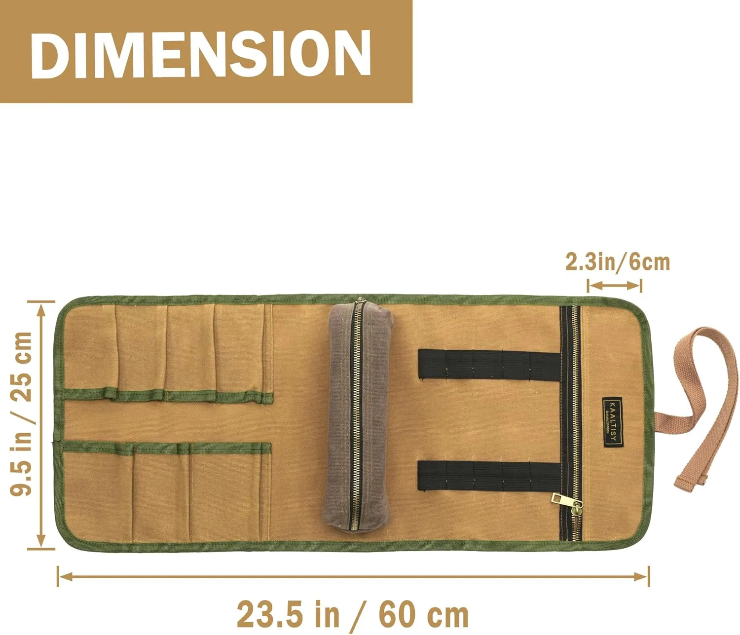 16OZ Waxed Canvas Tool Roll Bag, Heavy Duty Tool Storage Roll Bag with 7 Tool Slots & 1 Detachable Pouch, Khaki Tool Organizer for Wrenches and Tools (23.5"L x 9.5"W)