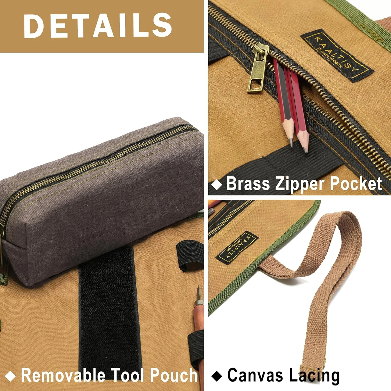 16OZ Waxed Canvas Tool Roll Bag, Heavy Duty Tool Storage Roll Bag with 7 Tool Slots & 1 Detachable Pouch, Khaki Tool Organizer for Wrenches and Tools (23.5"L x 9.5"W)