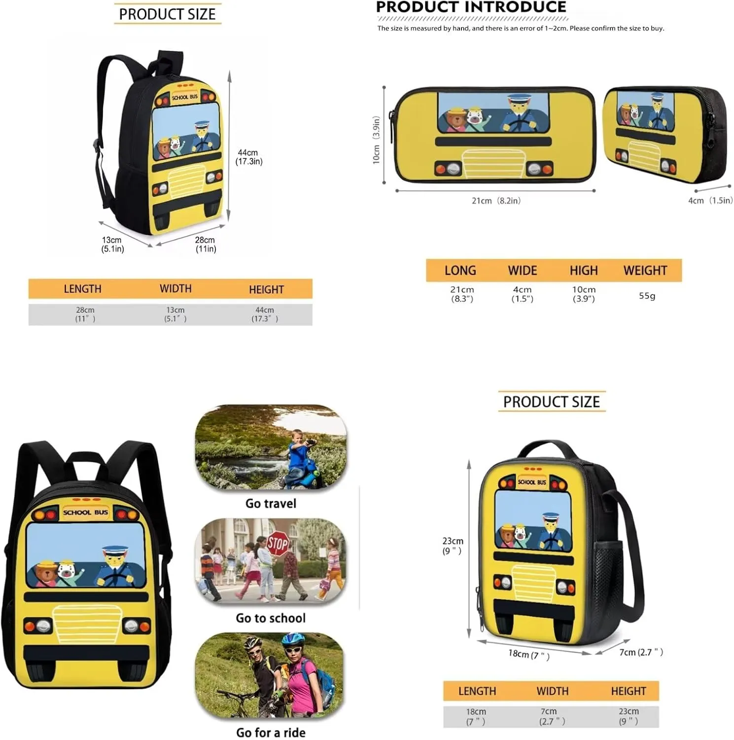17 Inch Backpack and Pencil Case with Lunch Box Set for Boys Girls Animal School Bus Backpack Full Print School Bookbag Shoulder Bag for Travel Daypack