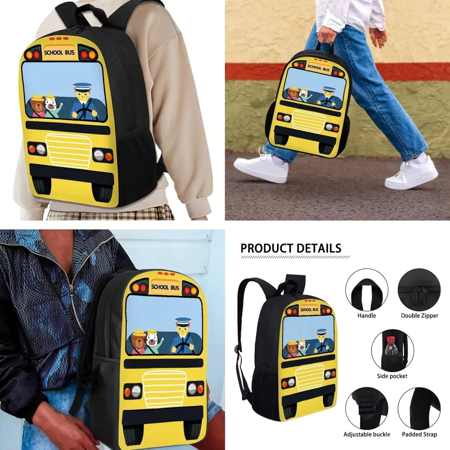 17 Inch Backpack and Pencil Case with Lunch Box Set for Boys Girls Animal School Bus Backpack Full Print School Bookbag Shoulder Bag for Travel Daypack