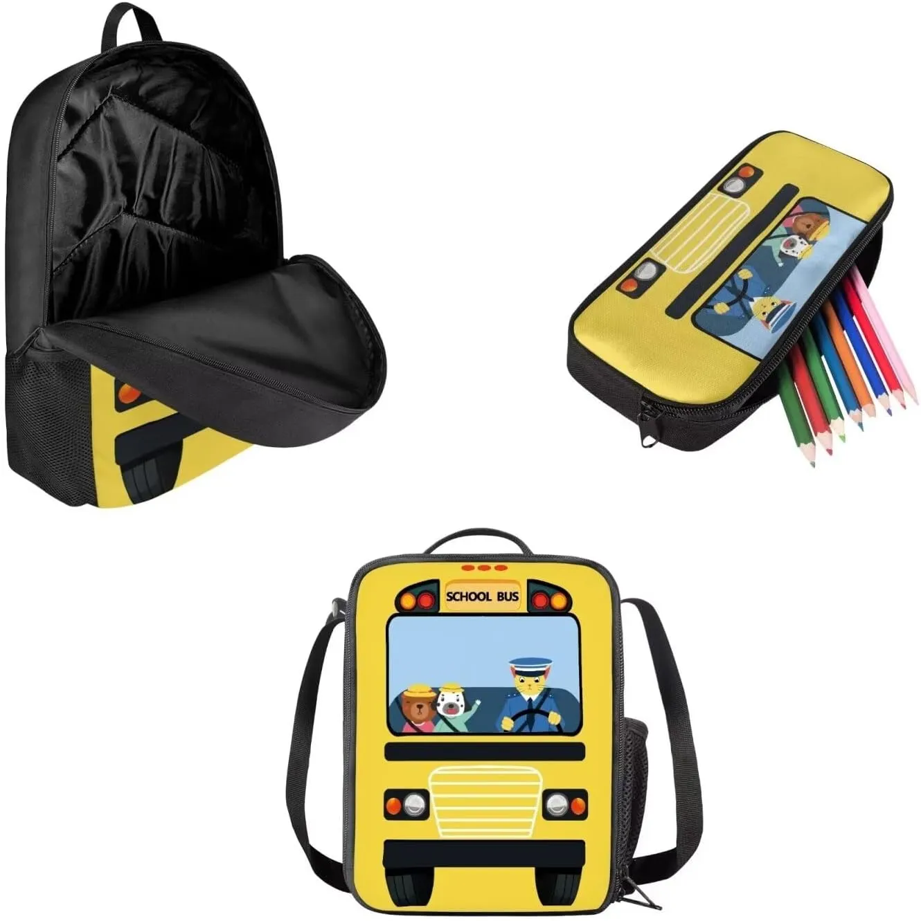 17 Inch Backpack and Pencil Case with Lunch Box Set for Boys Girls Animal School Bus Backpack Full Print School Bookbag Shoulder Bag for Travel Daypack