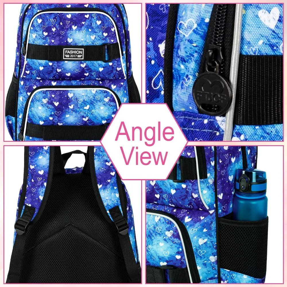17 Inches Girls Backpack, 3Pcs Love Laptop Backpacks with Lunch Bag, Water Resistant College School Bookbag Set for Teens Students(Blue)