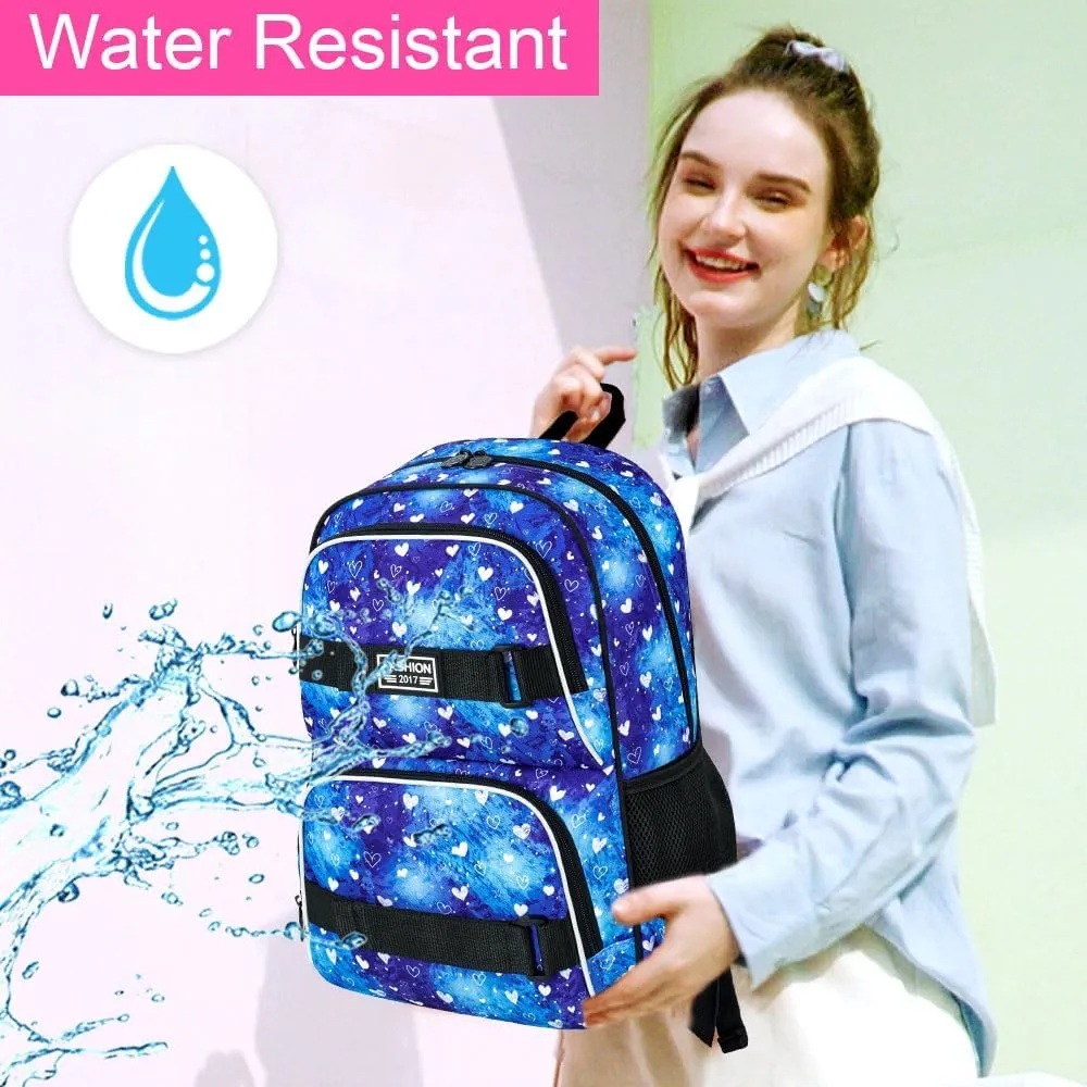17 Inches Girls Backpack, 3Pcs Love Laptop Backpacks with Lunch Bag, Water Resistant College School Bookbag Set for Teens Students(Blue)