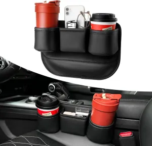 1797 Car Seat Gap Filler Organizer with 2 Cup Holder Leather Storage Box Bag Between Console Black Multifunctional Universal for Driver's Seat