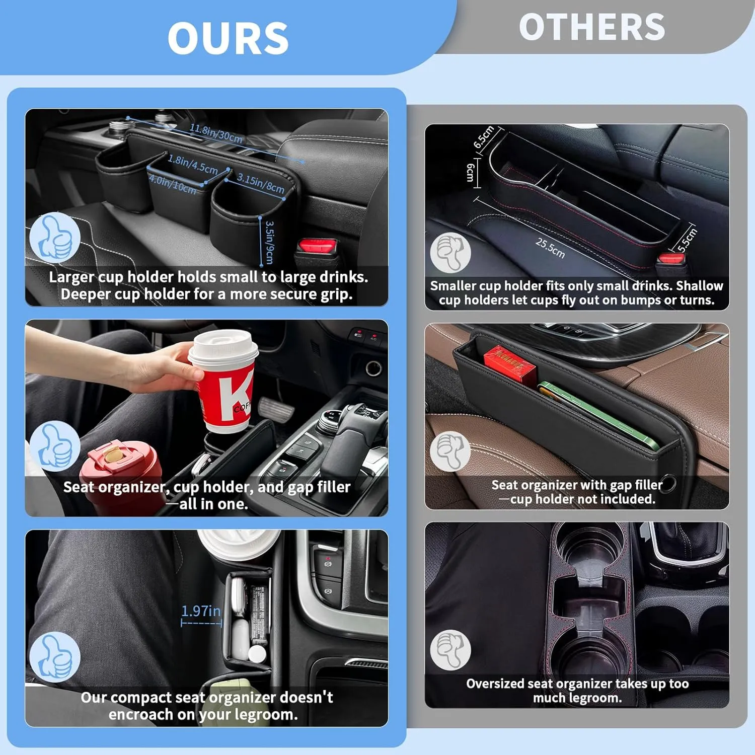 1797 Car Seat Gap Filler Organizer with 2 Cup Holder Leather Storage Box Bag Between Console Black Multifunctional Universal for Driver's Seat