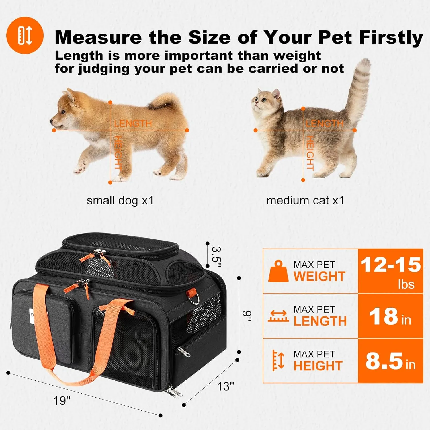 19x13x9 TSA Approved top Expandable pet Carrier for Small Dog Puppy cat up to 12-15 lbs Weight and 18.5'' Length, for Southwest Allegiant Spirit Canada Airlines