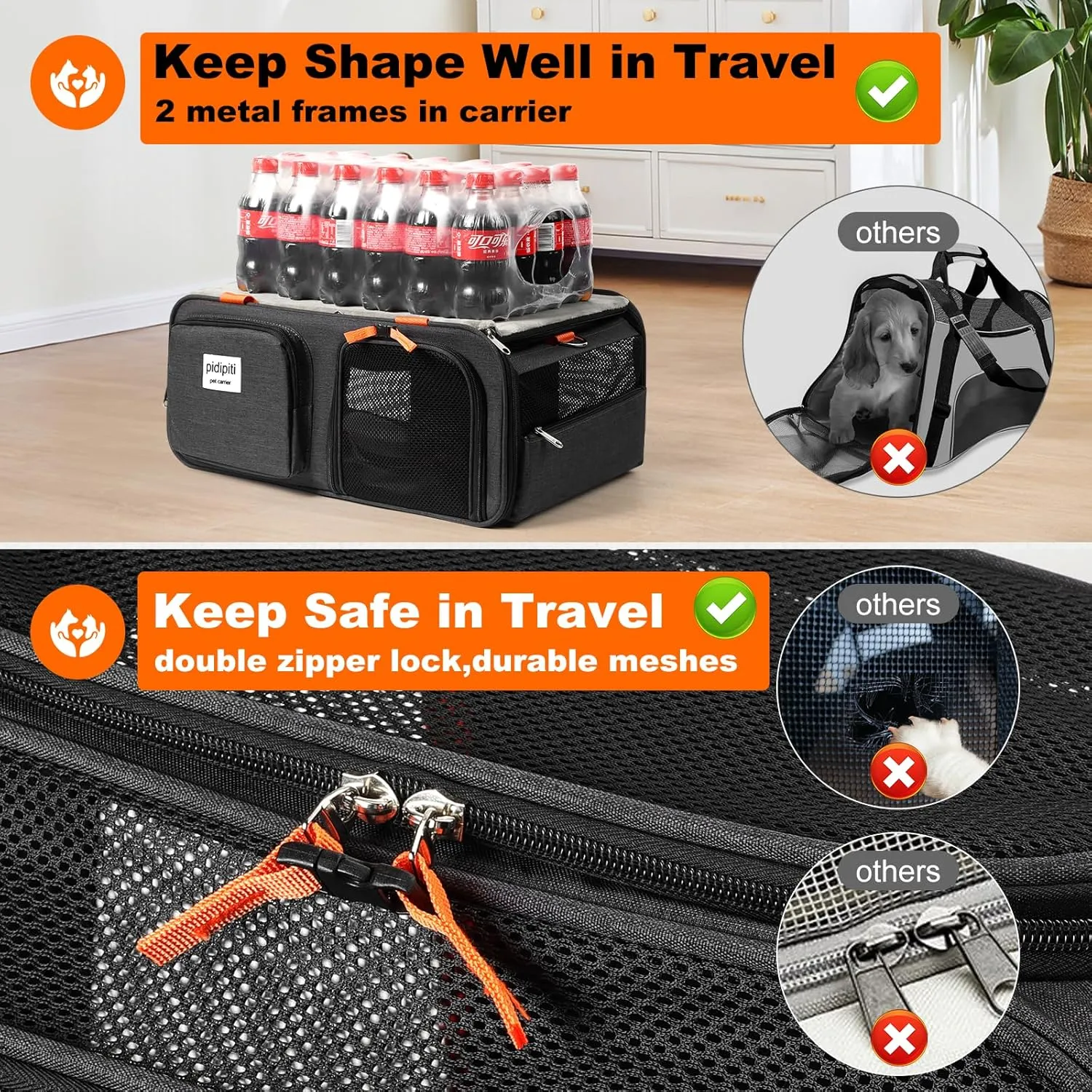 19x13x9 TSA Approved top Expandable pet Carrier for Small Dog Puppy cat up to 12-15 lbs Weight and 18.5'' Length, for Southwest Allegiant Spirit Canada Airlines