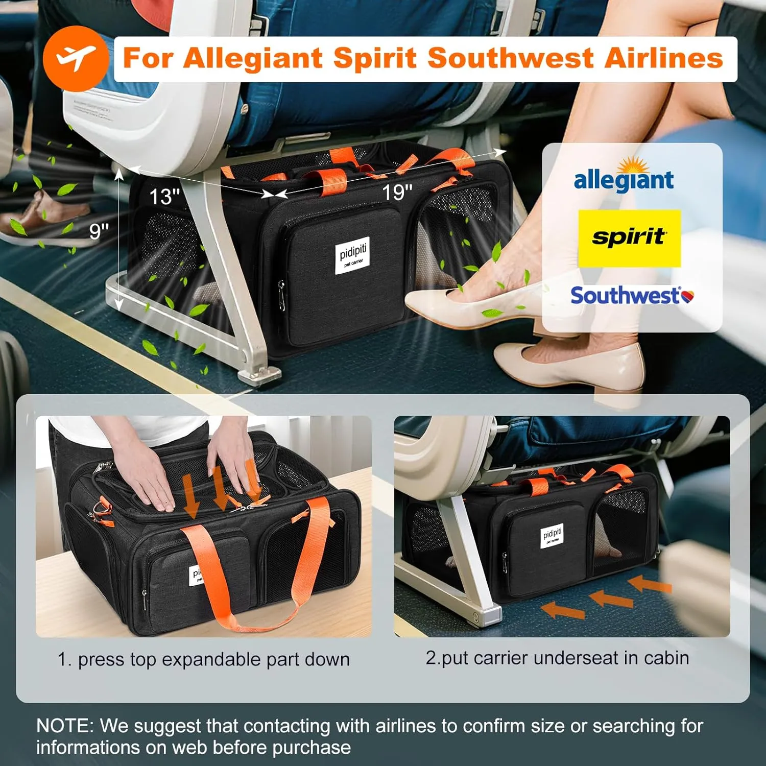 19x13x9 TSA Approved top Expandable pet Carrier for Small Dog Puppy cat up to 12-15 lbs Weight and 18.5'' Length, for Southwest Allegiant Spirit Canada Airlines