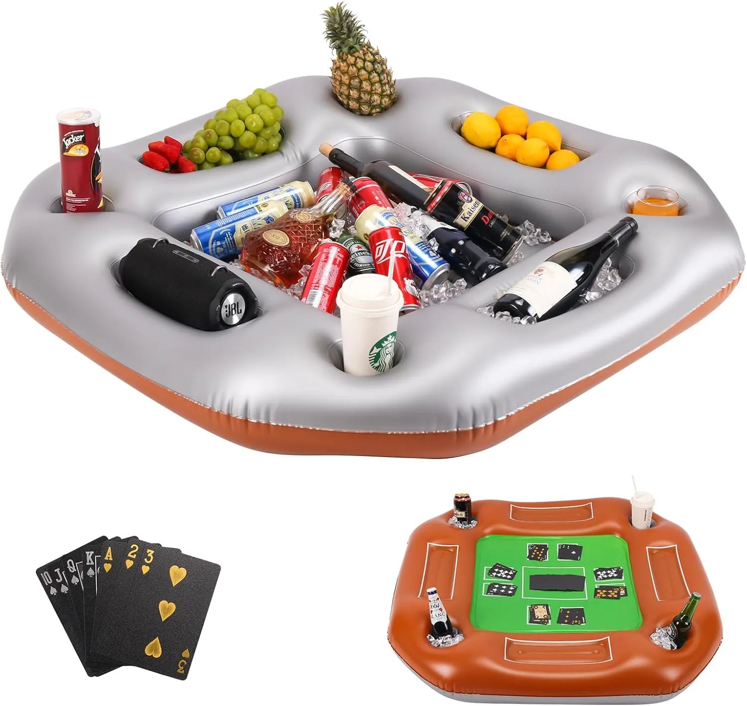 2-in-1 Inflatable Floating Poker Table & Drink Holder – Dual-Sided Pool Float with Waterproof Cards – Poker & Blackjack on One Side, Snack & Drink Tray on the Other – Perfect for Pool & Beach Parties